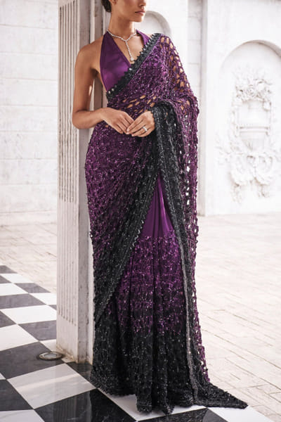 Wine and black ombre sequin sari set