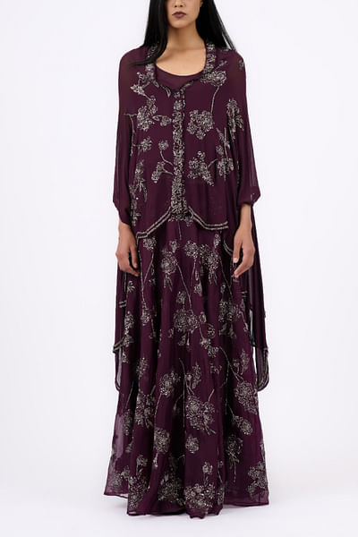 Wine and silver embroidered organza skirt