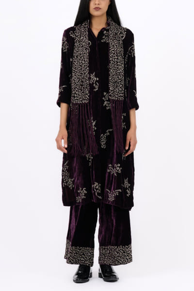 Wine and silver embroidered velvet scarf