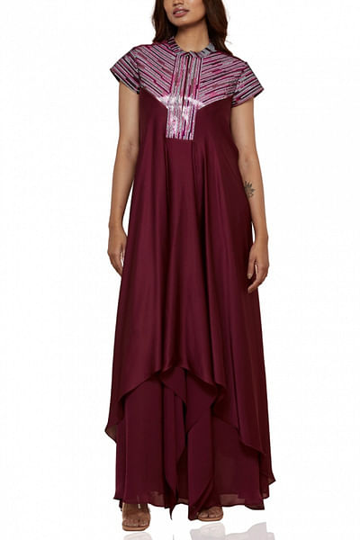 Wine /burgundy metallic detail layered dress