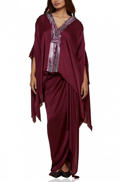 Wine/burgundy metallic drape cape and skirt set