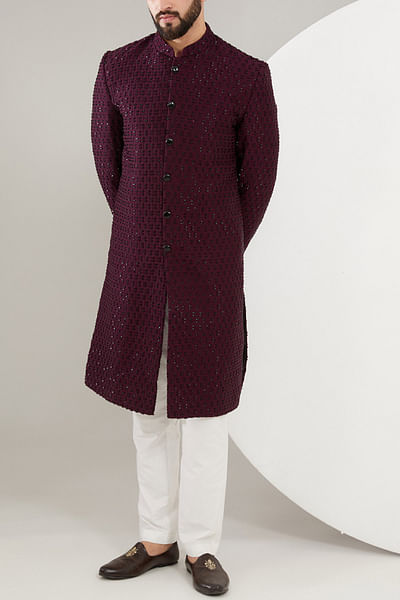 Wine cut dana embroidered sherwani