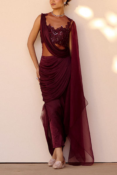 Wine draped sari gown