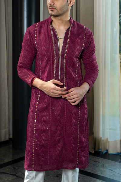 Wine embellished chikankari kurta set