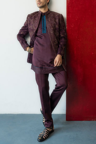 Wine embroidered bandhgala set