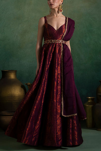 Wine embroidered brocade anarkali set