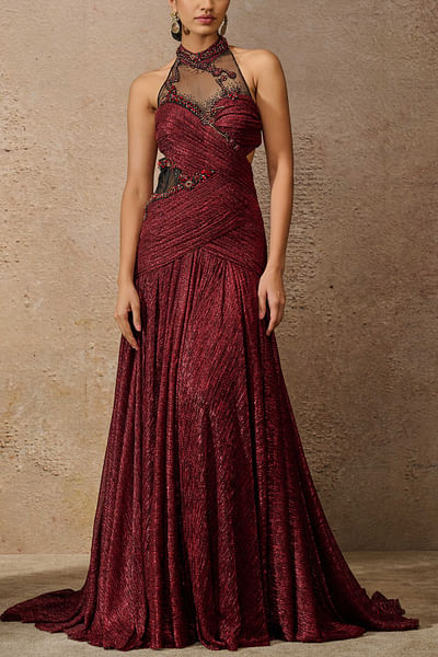 Wine embroidered crinkle tulle gown