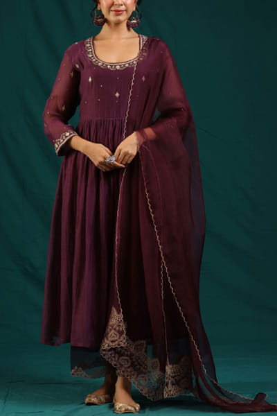 Wine embroidered gathered anarkali set