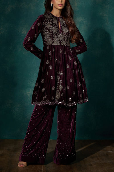 Wine embroidered peplum set
