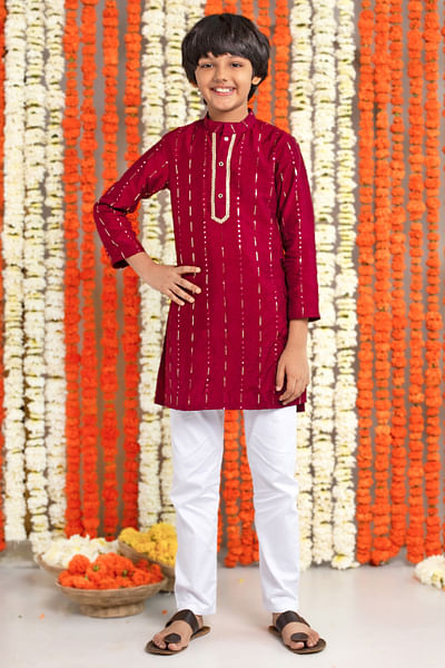 Wine embroidered silk kurta set