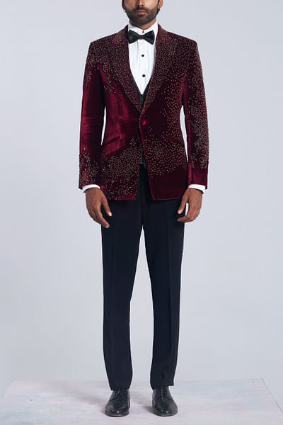 Wine embroidered velvet tuxedo set