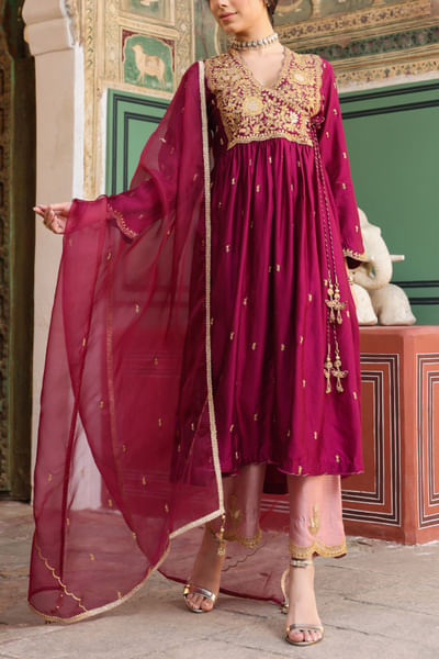 Wine floral embroidered angrakha kurta set