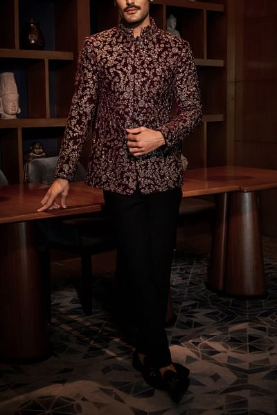Wine floral embroidered bandhgala set