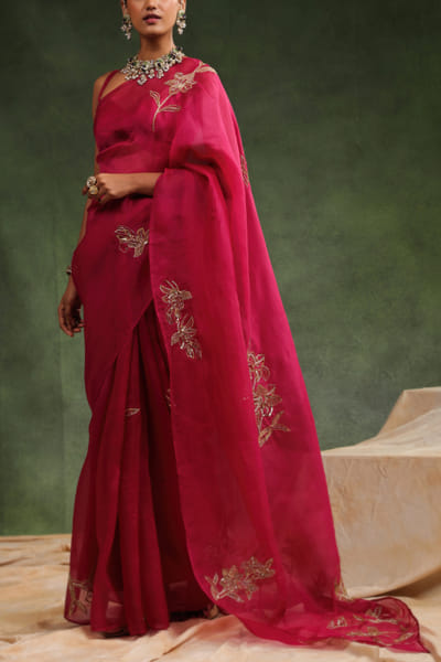 Charu Makkar Wine floral embroidered sari set CRMAUG2409