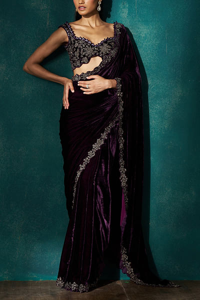 Wine floral embroidered sari set