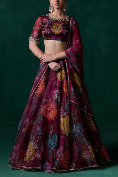 Wine floral printed lehenga set