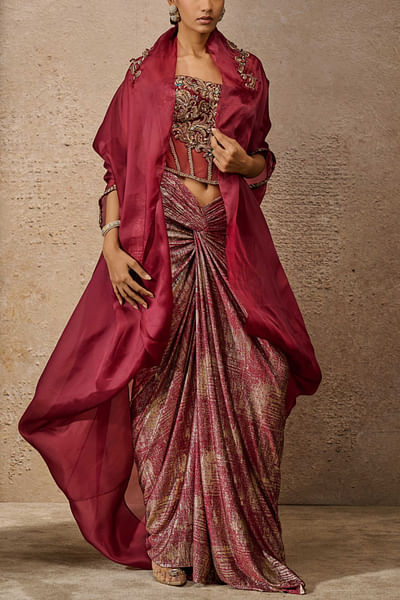 Wine foil jersey drape skirt and cape set