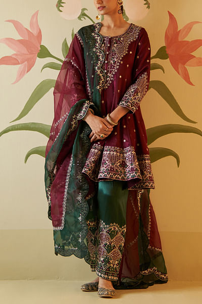 Wine gota and mirror work anarkali set