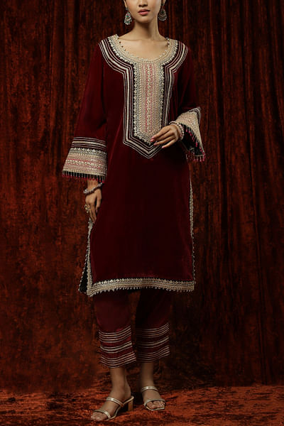 Wine gota embroidery kurta set