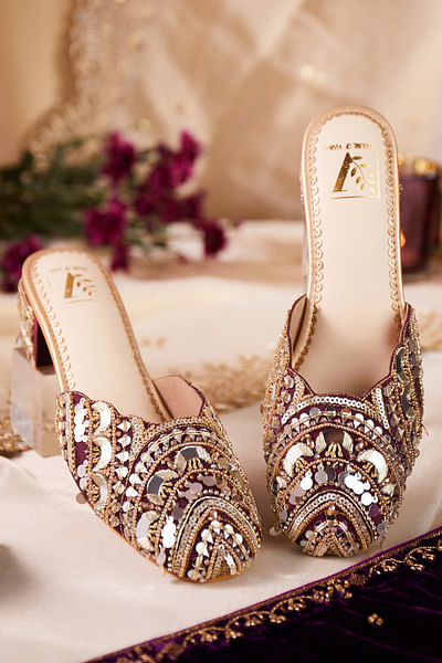 Wine mirror embellished mule heels
