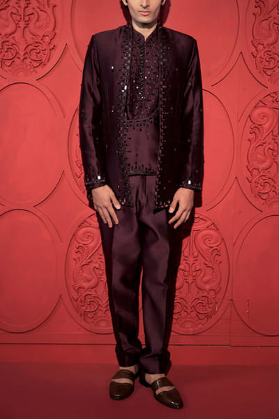 Wine chanderi embroidered jacket set