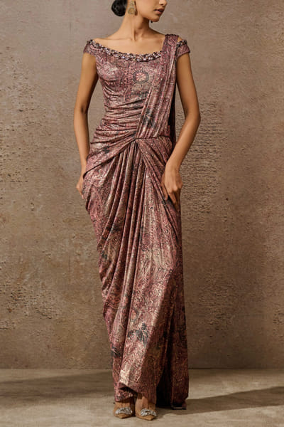 Wine printed foil jersey concept sari