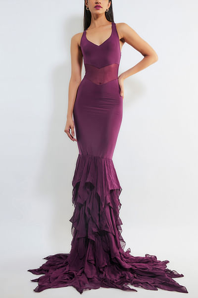 Wine ruffled mermaid gown