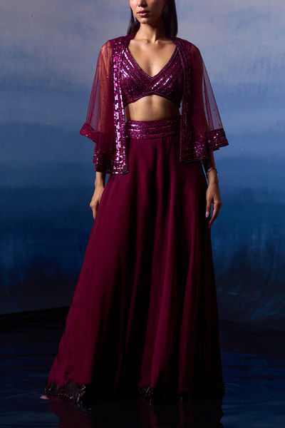 Wine sequin embroidered cape and sharara set