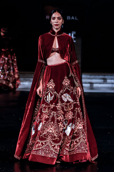 Wine silk velvet lehenga set