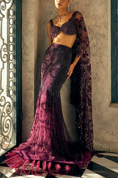 Wine Swarosvki fish tail lehenga set