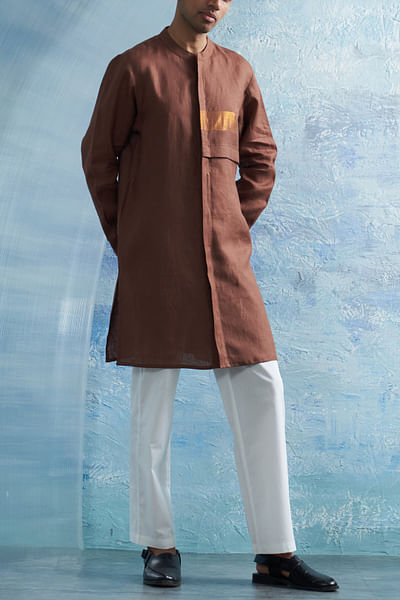 Woody brown linen shirt kurta set