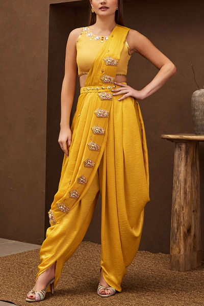 Yellow 3D embellished dhoti sari set