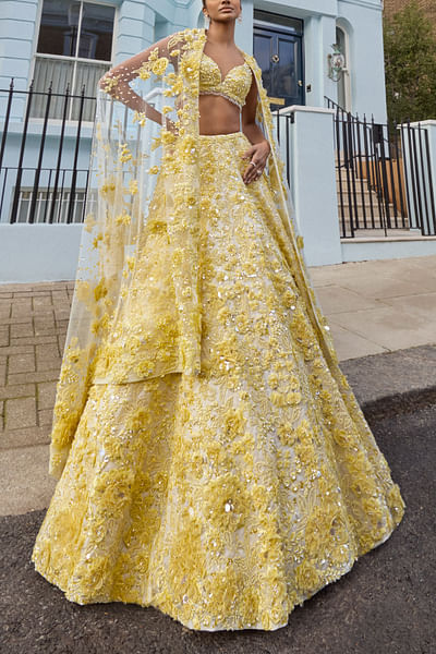 Yellow 3D floral embroidered lehenga set