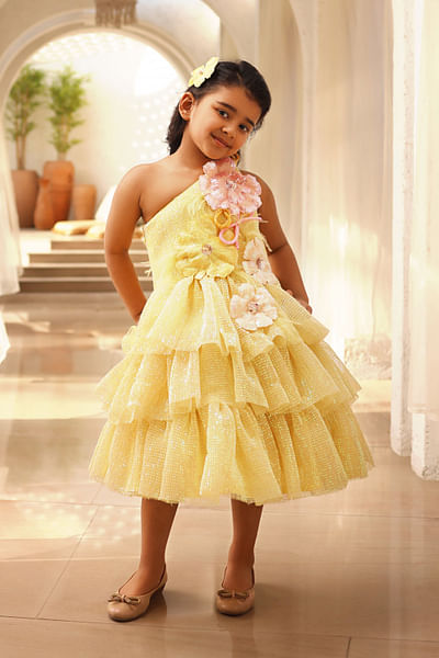 Yellow 3D floral sequinned one-shoulder dress