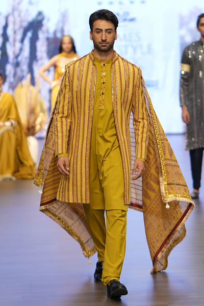 Yellow ajrakh print sherwani set