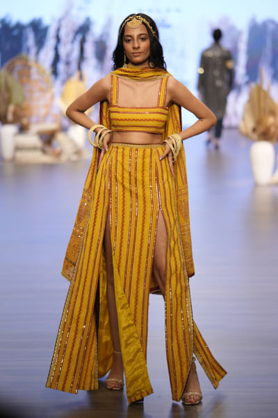 Yellow ajrakh stripe print skirt set