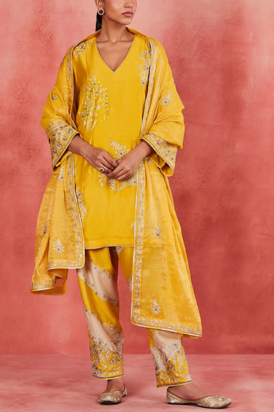 Yellow and beige floral embroidered kurta set
