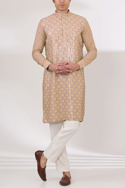 Yellow and brown artisanal print kurta set