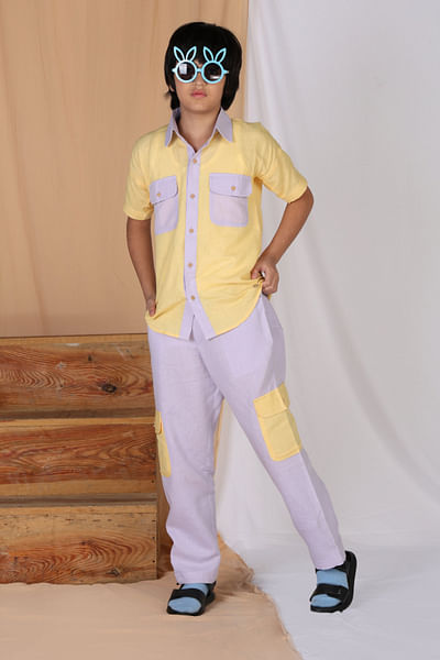 Yellow and purple colour blocked co-ords