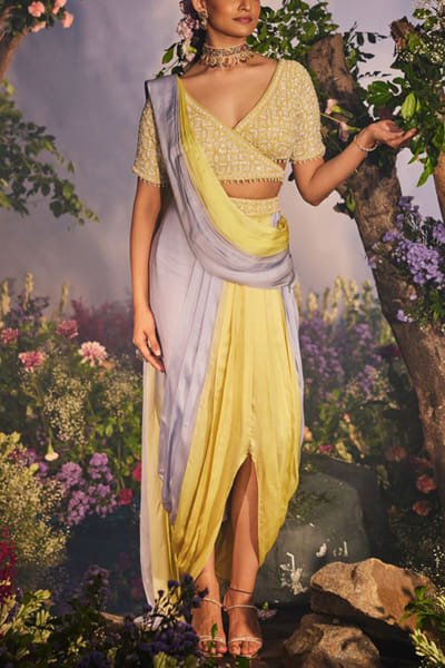 Miku Kumar Yellow and ice blue drape sari set MKUOCT24D119
