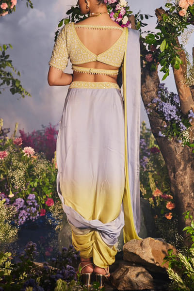 Miku Kumar Yellow and ice blue drape sari set MKUOCT24D119
