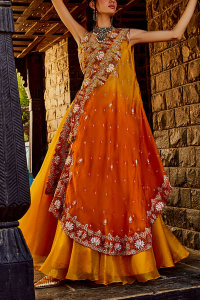 Yellow and orange embroidered draped co-ords