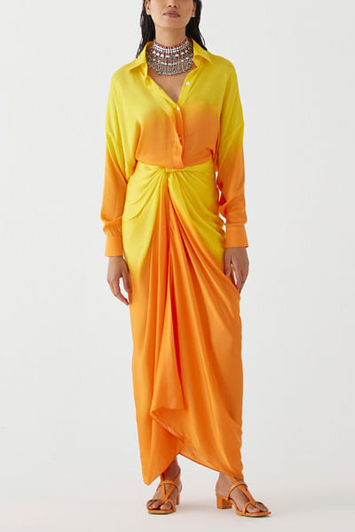 Yellow and orange ombre shirt draped dress