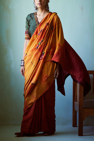 Yellow and orange tie-dye embroidered sari set