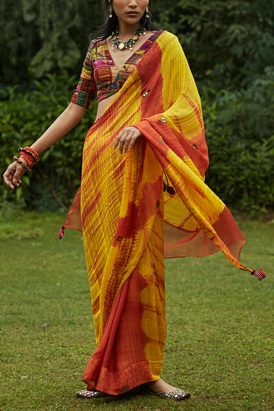 Yellow and orange tie-dye sari set