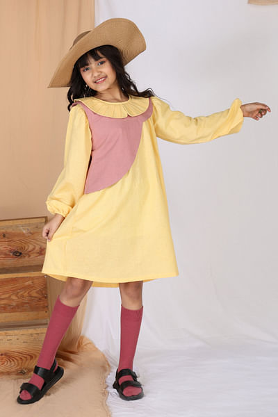 Yellow and pink colour blocked layered dress