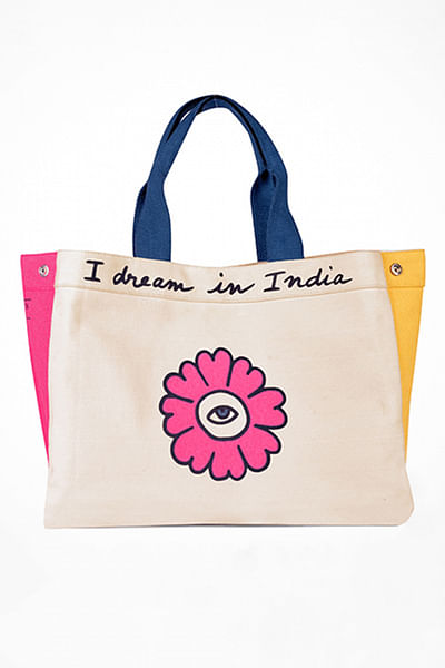 Yellow and pink floral printed tote bag