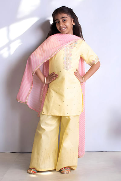 Yellow and pink mukaish work sharara set