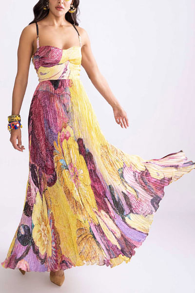 Yellow and purple floral printed maxi dress