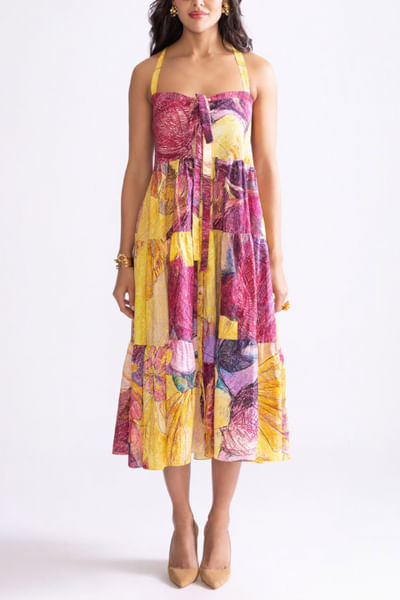 Yellow and purple floral printed midi dress
